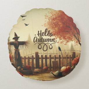 Autumn garden & scarecrow round cushion