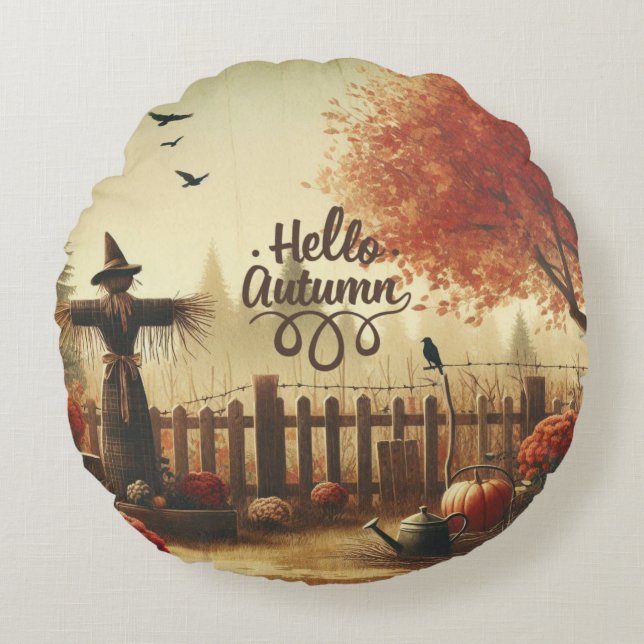 Autumn garden & scarecrow  round cushion (Front)