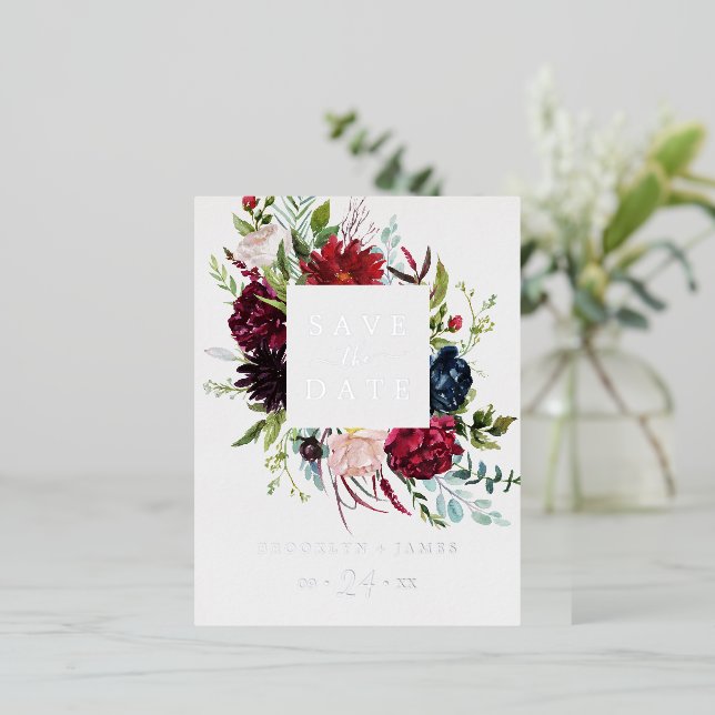 Autumn Garden | Silver Foil Wedding Save the Date Invitation Postcard (Standing Front)