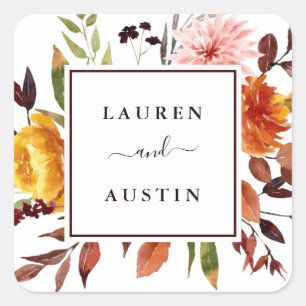Autumn Garden Watercolor Marsala Wedding Square Sticker