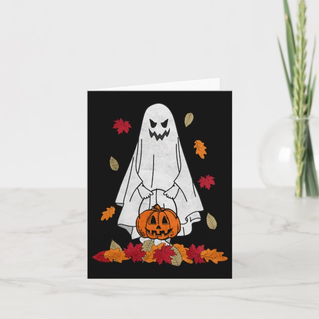 Autumn Ghost With Pumpkin Halloween Fall Leaves Tr Card (Front)