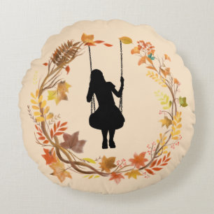 Autumn Girl on Swing Graphic _Fall Leaf Round Cushion