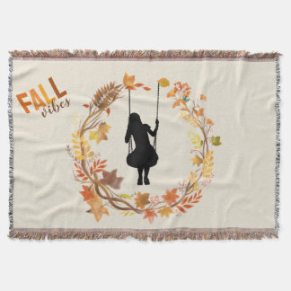 Autumn Girl on Swing Graphic _Fall Leaf Throw Blanket