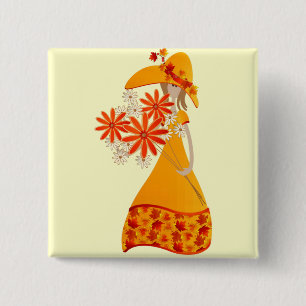 Autumn Girl with Fall Flowers 15 Cm Square Badge