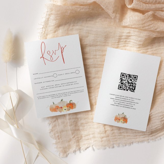 Autumn Glittery Pumpkins Florals Script QR Code RSVP Card (Creator Uploaded)