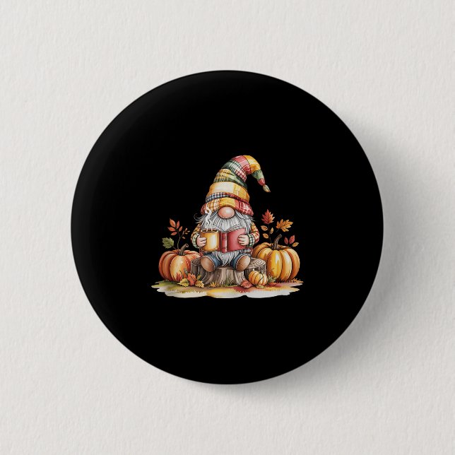 Autumn Gnome Reading Book With Pumpkins Fall Tank  6 Cm Round Badge (Front)