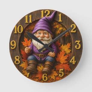 Autumn gnome with maple leaves rustic round clock