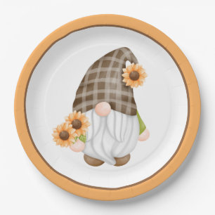 Autumn Gnome with Orange Sunflowers Paper Plate