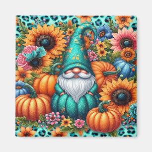 Autumn Gnome With Vibrant Pumpkins and Flowers Magnet