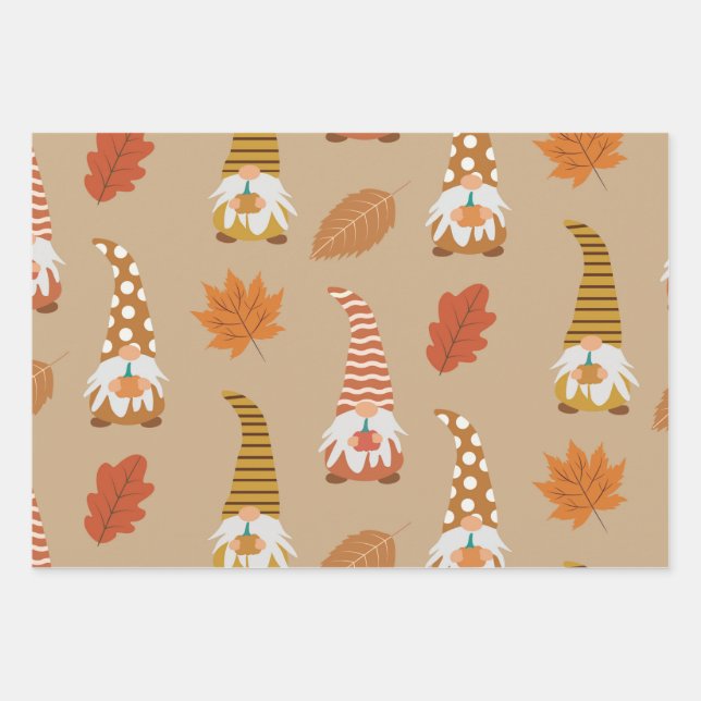 Autumn  Gnomes with Fall Leaves on Brown  Wrapping Paper Sheet (Front)