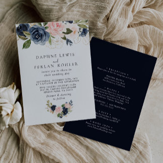 Autumn Gold Blue Pink Floral Back & Front Wedding  Invitation