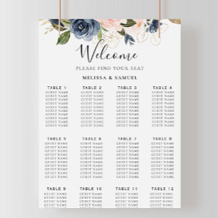 Autumn Gold Blue Pink Floral Wedding Seating Chart