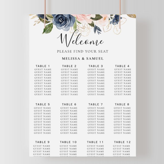 Autumn Gold Blue Pink Floral Wedding Seating Chart (Creator Uploaded)