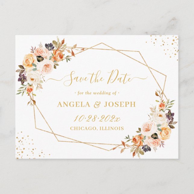 Autumn Gold Bohemian Floral Save the Date Postcard (Front)