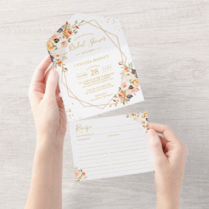 Autumn Gold Floral Geometric Bridal Shower Recipe All In One Invitation