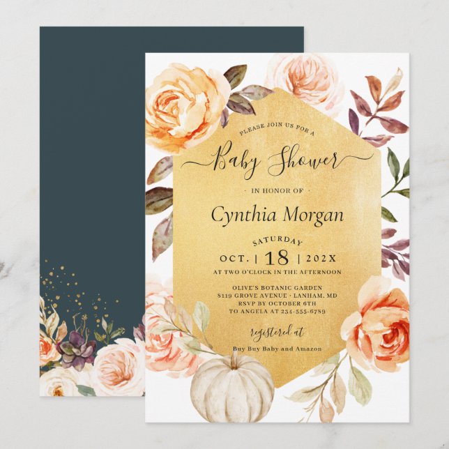 Autumn Gold Floral Little Pumpkin Baby Shower Invitation (Front/Back)