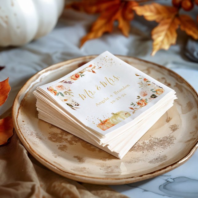 Autumn Gold Floral Mr and Mrs Wedding Napkins (Creator Uploaded)