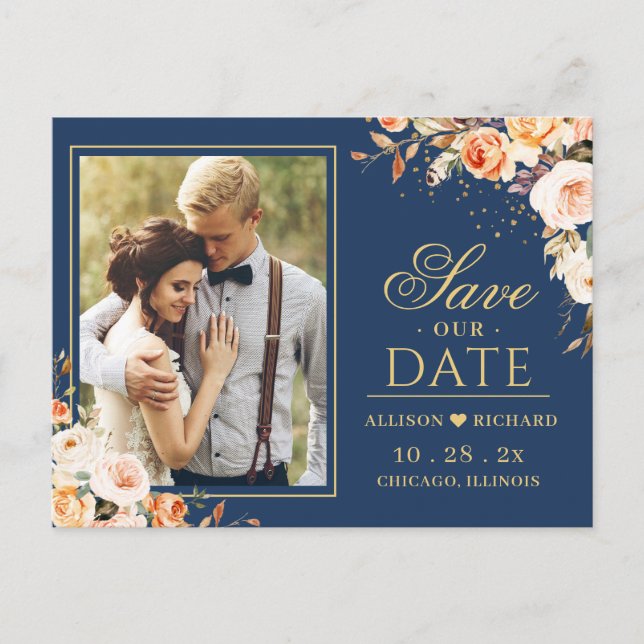 Autumn Gold Floral Navy Blue Photo Save the Date Postcard (Front)