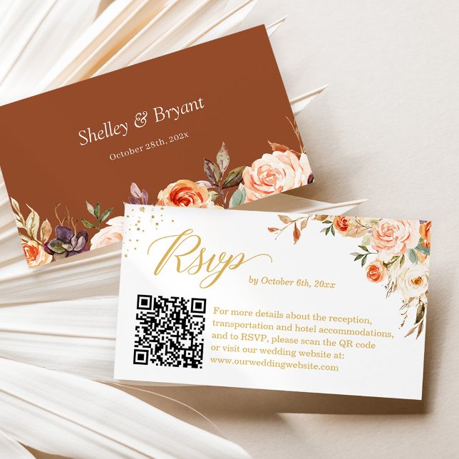 Autumn Gold Floral Wedding Online RSVP QR Code Enclosure Card (Use this QR code card for effortless RSVPs, ensuring guests can easily find wedding details online.)