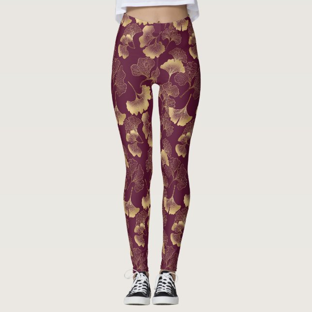 Autumn Gold Ginkgo Leaf Pattern Leggings (Front)