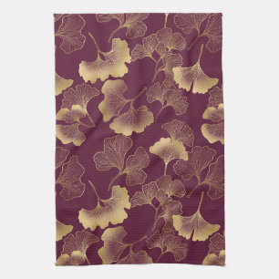 Autumn Gold Ginkgo Leaf Pattern Tea Towel