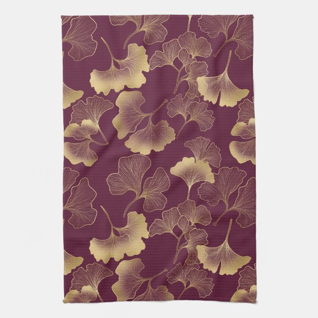 Autumn Gold Ginkgo Leaf Pattern Tea Towel (Vertical)