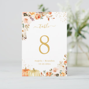 Autumn Gold Glitter Floral Wedding Table Number
