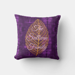 Autumn Gold Leaf on Violet Purple Satin Cushion