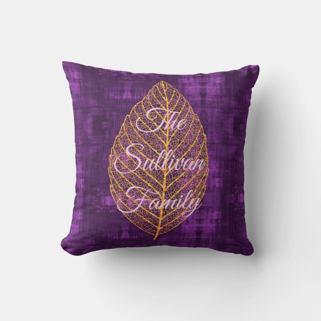 Autumn Gold Leaf on Violet Purple Satin Cushion (Front)