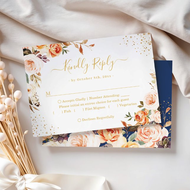 Autumn Gold Leaves Floral Navy Blue Wedding RSVP Card (Creator Uploaded)
