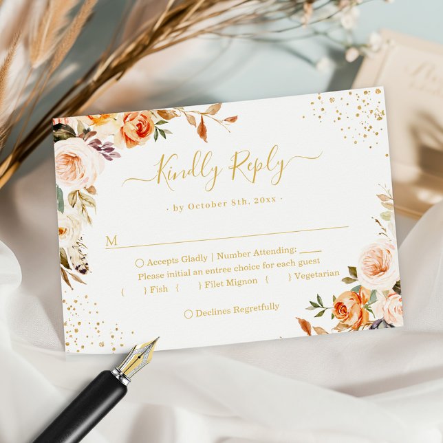 Autumn Gold Leaves Floral Terracotta Wedding RSVP Card (Creator Uploaded)
