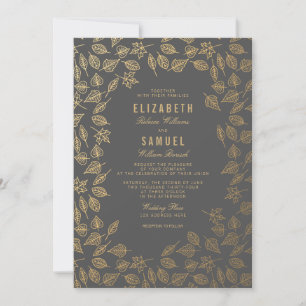 Autumn Gold Leaves Grey Wedding Invitation