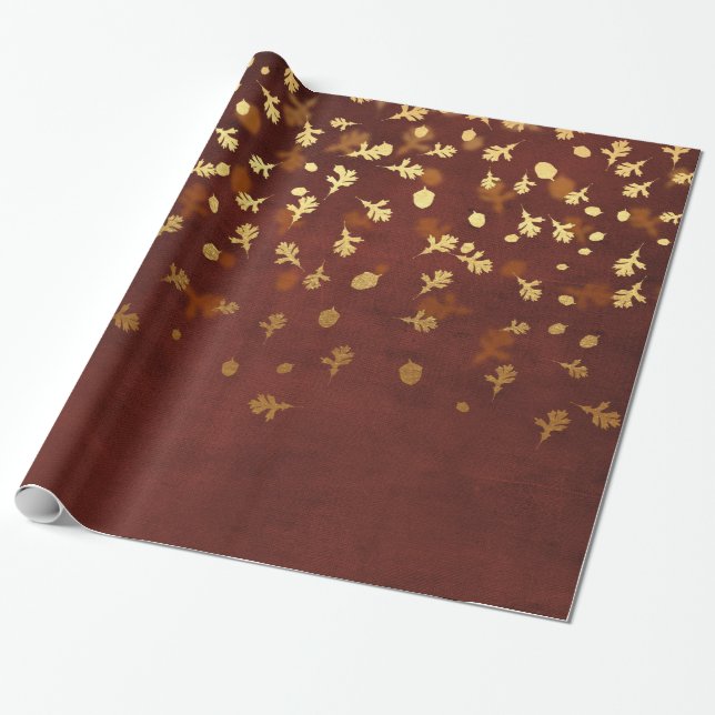 Autumn Gold Leaves Pattern Wrapping Paper (Unrolled)