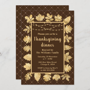 Autumn Gold Leaves Thanksgiving Dinner Brown Invitation