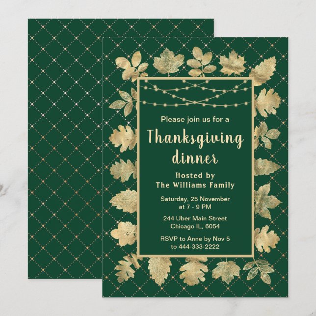 Autumn Gold Leaves Thanksgiving Dinner Green Invitation (Front/Back)