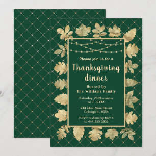 Autumn Gold Leaves Thanksgiving Dinner Green Invitation