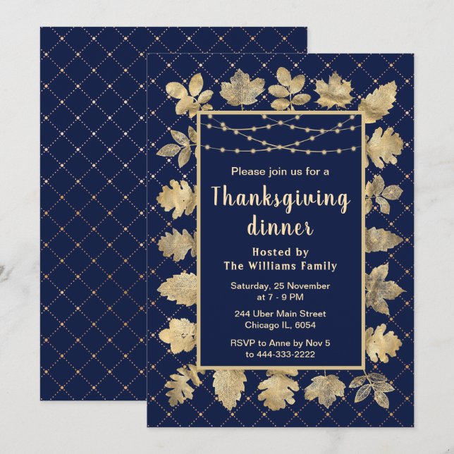 Autumn Gold Leaves Thanksgiving Dinner Navy Invitation (Front/Back)