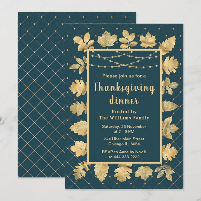 Autumn Gold Leaves Thanksgiving Dinner Teal Invitation (Front/Back)