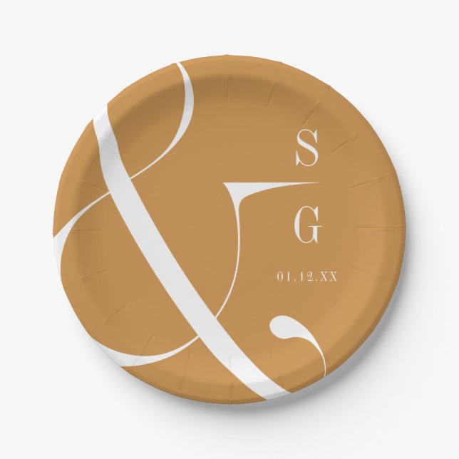 Autumn gold modern minimalist couples monogram paper plate (Front)