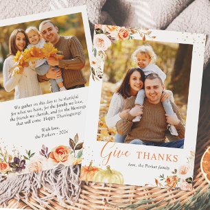 Autumn Gold Pumpkin Floral 2 Photos Thanksgiving Holiday Card