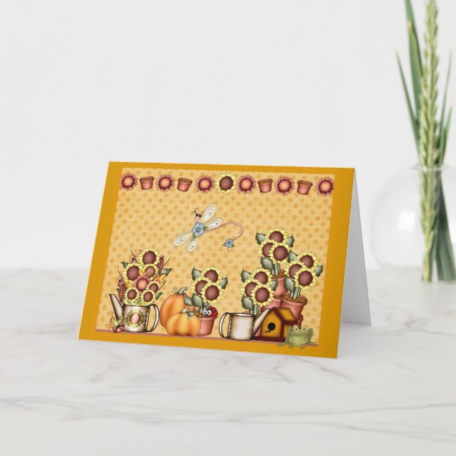 Autumn Gold Sunflower Yellow Country Prims Pumpkin Holiday Card (Front)