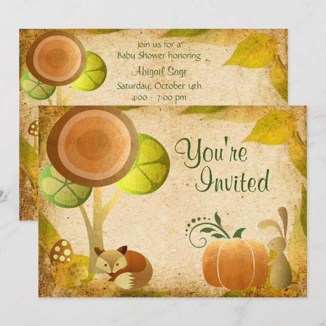 Autumn Gold Woodland Fox Bunny Baby Shower Invite (Front/Back)