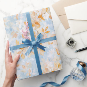 Autumn Gold Yellow Leaves White Floral Blue Sky Wrapping Paper