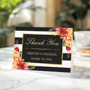 Autumn Gold Yellow Red Floral Stripes Thank You