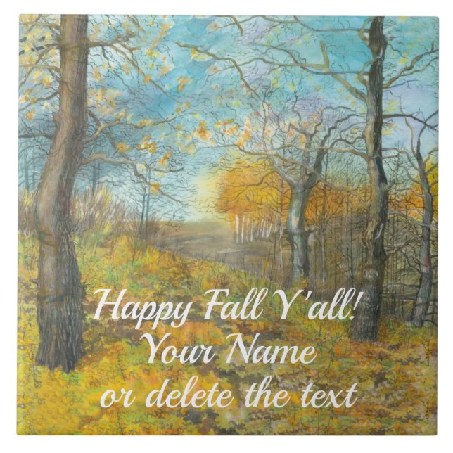 Autumn golden in an oak grove painting watercolor tile (Front)