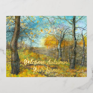 Autumn golden in an oak grove watercolor foil holiday postcard