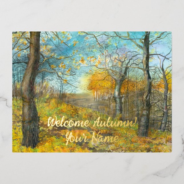 Autumn golden in an oak grove watercolor foil holiday postcard (Front)