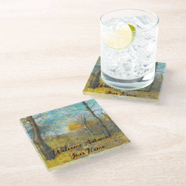 Autumn golden in an oak grove watercolor glass coaster (Angled)