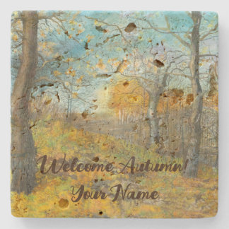 Autumn golden in an oak grove watercolor stone coaster