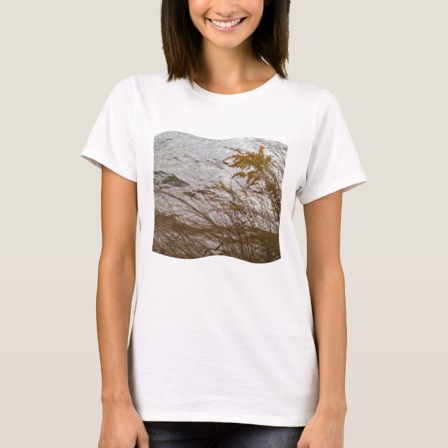 Autumn Golden Rod against cool grey Lake Arrowhead T-Shirt (Front)